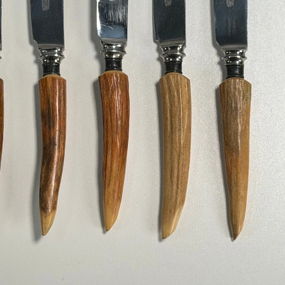 Set of Vintage Latham & Owen Antler Knives with Honing Tool‎ Stainless Sterling